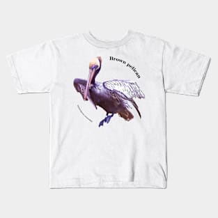 Brown pelican tropical bird pin black text Kids T-Shirt